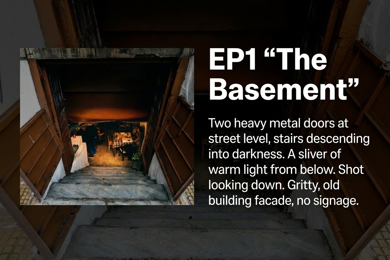 Stairs descending into Diporto Agoras basement taverna