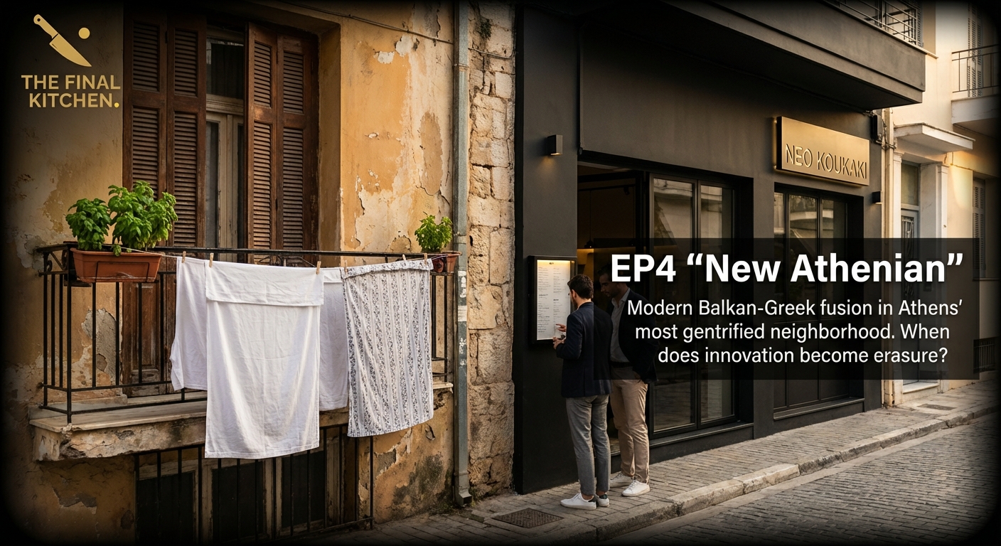 Neo Koukaki storefront in Athens, man reading menu outside modern restaurant
