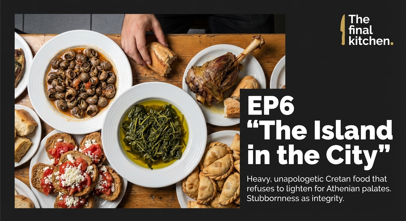 Spread of Cretan dishes — snails, greens, kalitsounia, dakos on a wooden table
