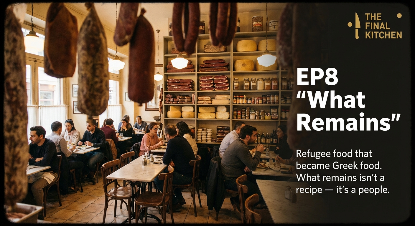Interior of Karamanlidika deli — cured meats hanging, cheese shelves, diners at marble tables