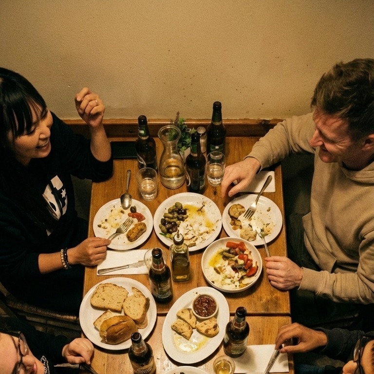 Friends gathered around an Athens taverna table at night, overhead shot of shared plates and wine