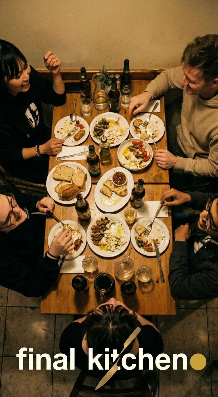 Friends gathered around a taverna table