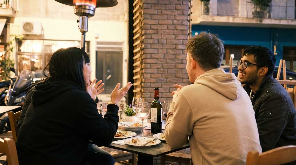 The group mid-conversation at an outdoor Athens table, wine and cleared plates